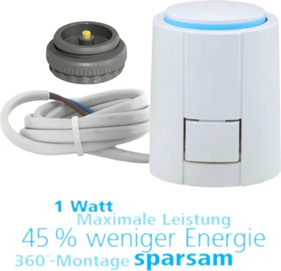 A product shot of a white thermostat actuator with a coiled white cable and a gray adapter. Text overlays provide product information.