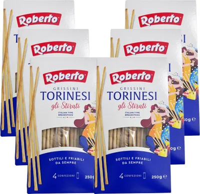 Produktbild von Roberto Grissini Torinesi 6x250g Beutel | ultra-dünne Brotstangen | als Snack, Beilage oder im Büro | auch perfekt zu Käse- oder Salamiplatten