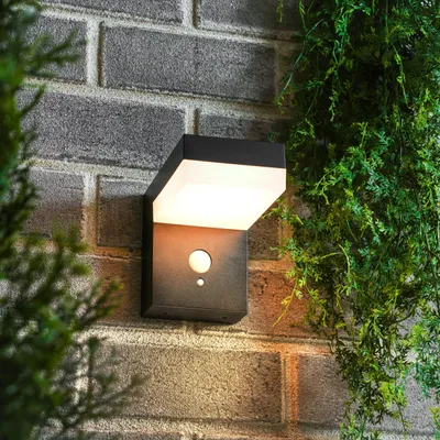 A black outdoor solar wall light with a motion sensor is mounted on a gray brick wall, partially obscured by green foliage.