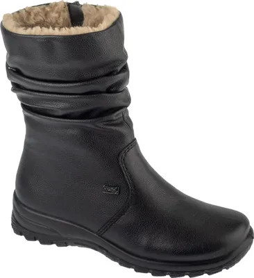 A black winter boot with a fur lining.