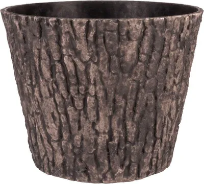 A close-up studio shot of a single plant pot with a textured bark-like surface.