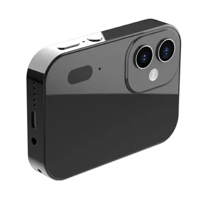 A black digital camera with a dual-lens system is shown against a white background.