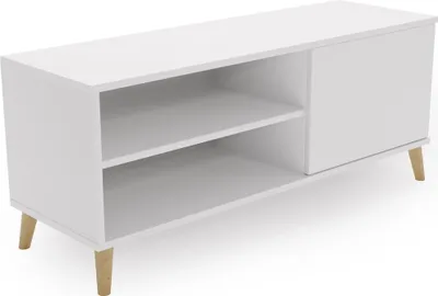 Immagine prodotto di Mobile TV in stile scandinavo VIVA 110 cm - Bianco | Design minimalista con 2 scomparti aperti e 1 anta | Piano in laminato resistente | Gambe in legno | Facile montaggio