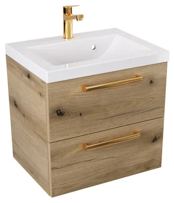 Produktbild von ATHD Wandhängender Waschtischunterschrank mit Waschbecken 50 cm - Evoke  Matt Eiche - Griffe aus poliertem Gold
