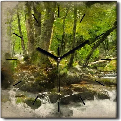 Produktbild von Coloray Uhr auf Leinwand 30x30 cm Wand Uhr Dekoration Wohnzimmer Segeltuch schwarze Hände -Wasserwaldbäume Natur