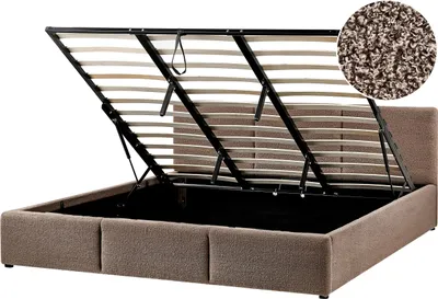 Produktbild von BELIANI Bett mit Bettkasten Taupe Bouclé Gepolstert 180 x 200 cm Lattenrost Hochklappbar Hohes Kopfteil Modern Schlafzimmer Möbel Ausstattung