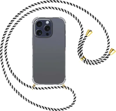 Produktbild von Handykette Backcover-Schutzhülle mit Band (Metall goldfarben) für iPhone 16 Pro - schwarz/weiß gestreift