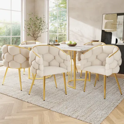Produktbild von Sweiko Esstisch-Set (7-teilig), 140 x 80 cm Esstisch mit 6 Stühlen, modernes Esstisch-Set für die Küche, Esszimmerstühle mit goldenen Metallbeinen, moderner Esstisch mit Marmormuster und goldenen Beinen