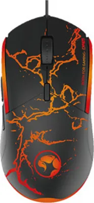 A top-down view of a gaming mouse with an orange and red lightning pattern.