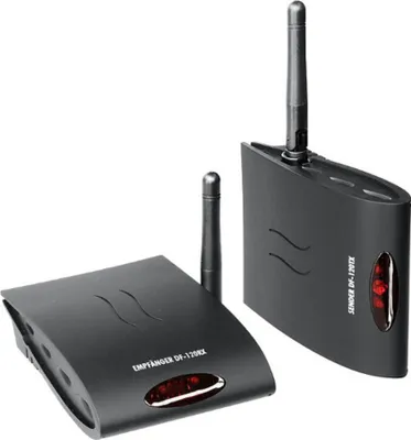 Two black wireless audio/video transmitter and receiver units with antennas are shown against a white background.