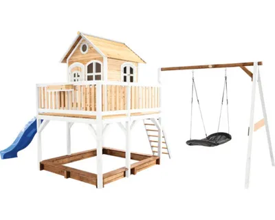 Produktbild von AXI Classic Liam Spielhaus mit Roxy Nestschaukel Braun/Weiß - Blaue Rutsche, Spielhaus auf Pfählen, 3 Jahr(e), 1 Tür(en), Rutsche, Blau, Braun, Weiß