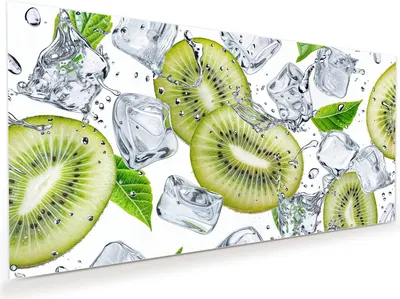 Produktbild von Glasbild 100x50cm in XXL für Wohnzimmer, Schlafzimmer Motiv Kiwi Würfel Eis