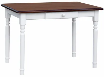 Produktbild von Weißer Tisch II mit Schublade aus massivem Kiefernholz mit Tischplatte in der Farbe Nuss 130 x 70 cm