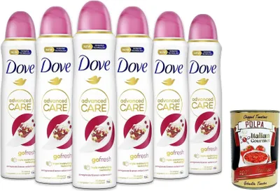 Produktbild von Dove Deodorante Spray Advanced Care Go Fresh Pomegranate, deo Mit feuchtigkeitsspendenden und empfindlichen Formel,ohne Alkohol, 72 Stunden, 6x 150 ml + Italian Gourmet polpa 400g