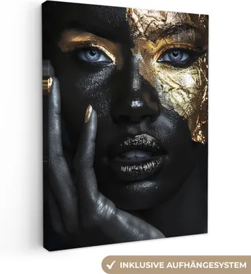 Produktbild von MuchoWow® - Leinwandbilder - Frau - Gold - Porträt - Modern - Schwarz - Abstrakt, Wandbild, Wanddeko Bilder Wohnzimmer, 60x80 cm