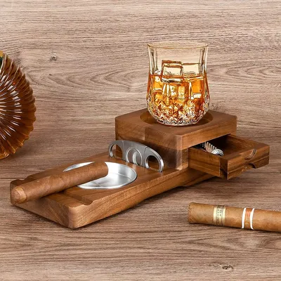 Produktbild von Tischaschenbecher, Aschenbecher, Zigarrenaschenbecher aus Holz, Whisky-Untersetzer, mit herausnehmbarer Aschenbecherschublade und 2 Zigarrenhaltern
