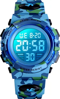 Produktbild von Alienwork Seven-color LED Digital Kinderuhr Jungen Mädchen Camouflage blau Kautschuk-Armband Kalender Mehrfarbig Chronograph Sportlich Multi-funktion