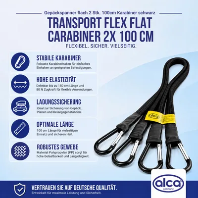 Produktbild von alca® Gepäckspanner flach 2er-Set mit Karabiner 100cm elastisch bis 150cm 2 Stk. für Auto, Motorrad, Möbel & Transport