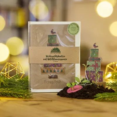Produktbild von 5 Weihnachtskarten im Set - Pflanzbare Grußkarten aus Saatpapier & Saatstecker