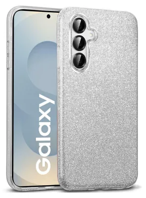 A close-up, angled view of a silver glitter phone case on a white background. The phone inside the case is partially visible, showing the 'Galaxy' logo.