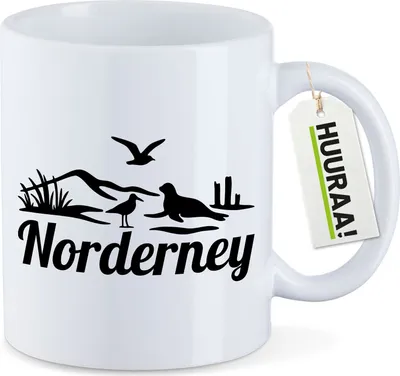Produktbild von Huuraa Kaffeetasse Norderney Strandmotiv 330ml Weiß Keramik Kaffeebecher Geschenkidee