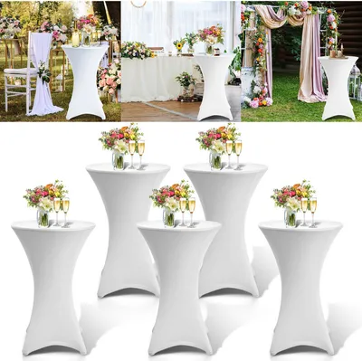 Produktbild von Jayseuw 5x Stehtischhusse Stretch für Bistrotisch mit 4 Fußlaschen elastisch Ø 60-65x110 cm Weiß