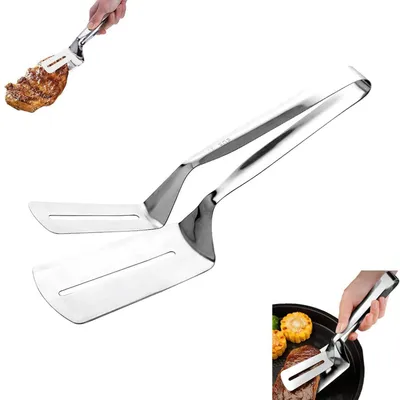 Image de Pince de cuisine en acier inoxydable 304, 2-en-1 : spatule pour poêle et spatule pour poisson, pince pour barbecue