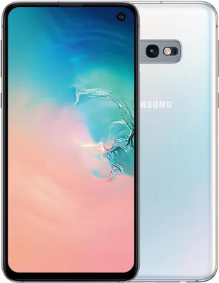 A white Samsung Galaxy S10e smartphone is shown from the front and back.