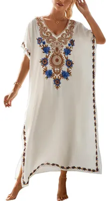 Productafbeelding van L-Peach dames katoenen kaftan, lange jurk, strandjurk, omslagdoek voor bikini, one size