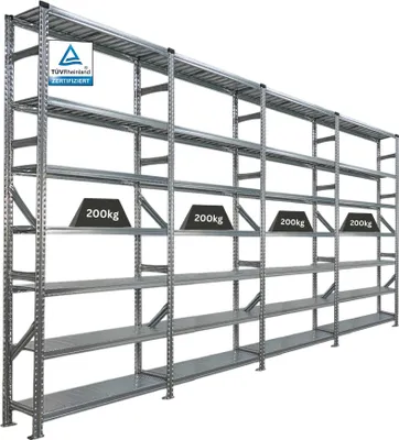 Produktbild von Fachbodenregal PROXIMO mit  Stecksystem | Komplettregal | HxBxT 250x480x32cm | 7 Ebenen | Beidseitig nutzbar | Verzinkt