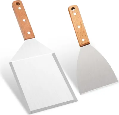 Produktbild von Hamburger 2 Stück Set, Grillschaufel aus Edelstahl, Grillflipper, Hamburgerpressschaufel mit Holzgriff, Plattenbrennen, Grill, Steak, Pizza