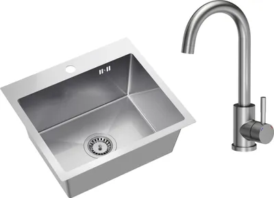 A stainless steel kitchen sink and faucet are shown against a white background.