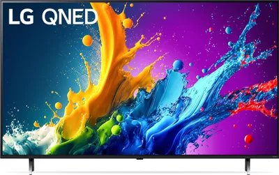 A television screen displaying a colorful abstract image with paint splashes.