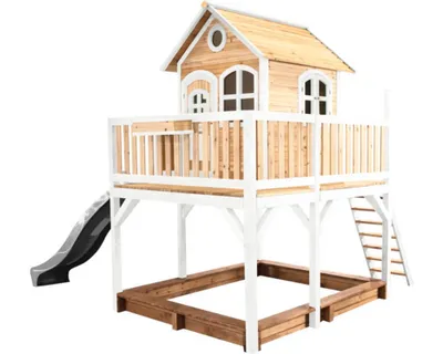 Immagine prodotto di AXI Liam Casetta con pavimento, sabbiera e scivolo grigio | Casa da gioco per giardino / esterno in marrone e bianco in legno  | Parco giochi per bambini