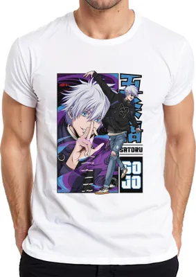 Zdjęcie produktu dla Koszulka męska Satoru Gojo Jujutsu Kaisen z białymi włosami i niebieskimi oczami, biały, 3XL