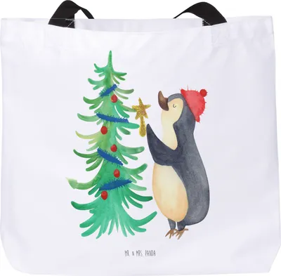 Produktbild von Mr. & Mrs. Panda Strandtasche Pinguin Weihnachtsbaum - Weiß - Geschenk, Laptoptasche, Tasche, Tote Bag, Weihnachten, Einkaufstasche, Winter, Schultasche