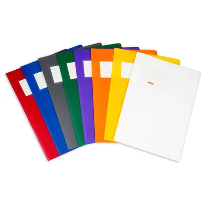 Produktbild von Brunnen FACT!PP Hefthüllen A4 - Heftumschläge aus stabilem Kunststoff mit auswechselbarem Namensschild - Heftschoner Set farbig sortiert (8er Set)