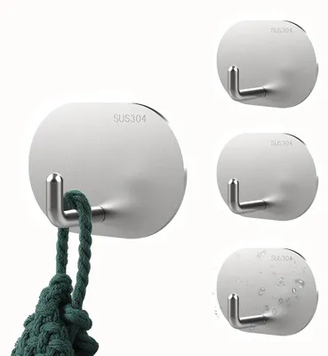 Image de Crochets autocollants ultra-résistants, lot de 4 crochets pour serviettes, pas besoin de percer, crochets muraux en acier inoxydable résistants à l'eau, crochets autocollants pour peignoirs, pour la salle de bains, les toilettes et la cuisine (argent)
