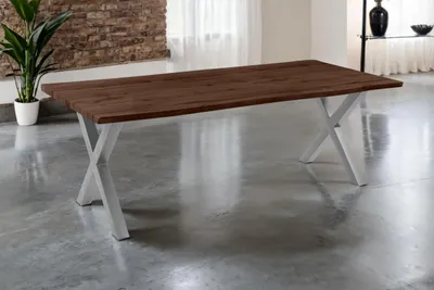 Produktbild von Esstisch Josy | 220 x 100 cm | Holz Nussbaum-Optik | X-Gestell Metall Silber | 40 mm Tischplatte mit Baumkante | Tisch für Esszimmer & Küche