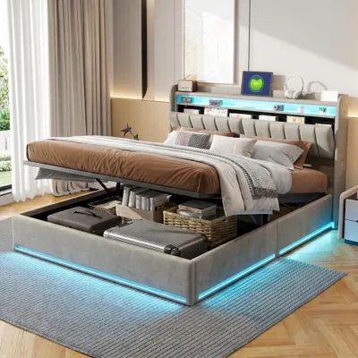Image de Lit rembourré INONEFT avec sommier à ressorts 160 x 200 cm, éclairage LED et ports USB, sommier à lattes avec espace de rangement, lit double avec coffre de rangement, gris velours, sans matelas