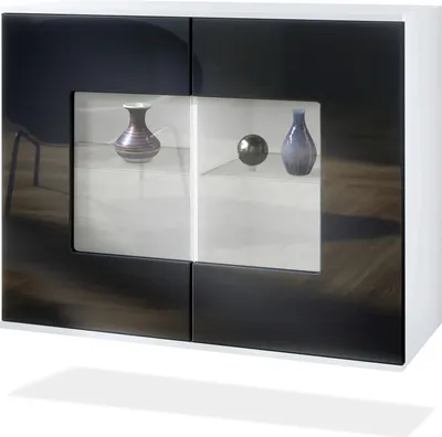 Produktbild von Vladon Kommode Grömitz V3, Moderner Küchenschrank mit 2 großen Glastüren inkl. RGB Beleuchtung Weiß matt / Schwarz Hochglanz (92,5 x 73.5 x 35)