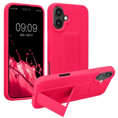Produktbild von kwmobile Handyhülle für Apple iPhone 16 Plus Hülle - TPU Silikon Case mit Fingerhalter und Stand - Schutzhülle Cover in Neon Pink