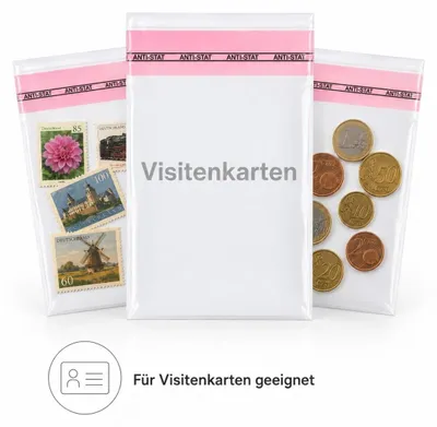 Produktbild von Universal-Beutel Visitenkarten-Format mit Klebeverschluss (56 x 86 mm + 16 mm Klappe) 800 Stück