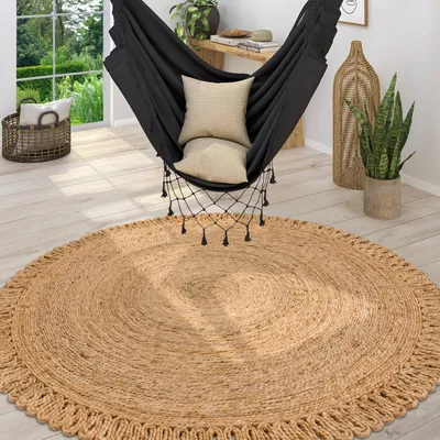 Produktbild von Teppich Rund Wohnzimmer Jute Boho Ethno Muster Modern Handgefertigt Naturteppich Grösse 200 cm Rund