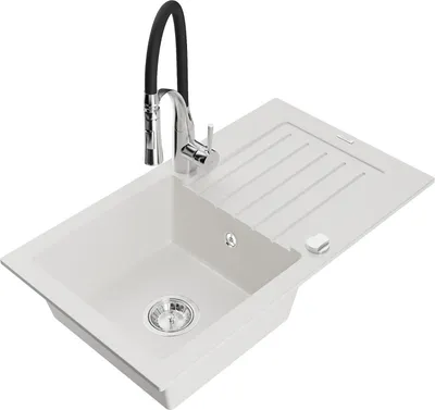 Produktbild von Mexen Pablo 1 Becken-Granitspüle mit Abtropffläche und Mischbatterie Aster, Weiß - 6510-20-73450-07