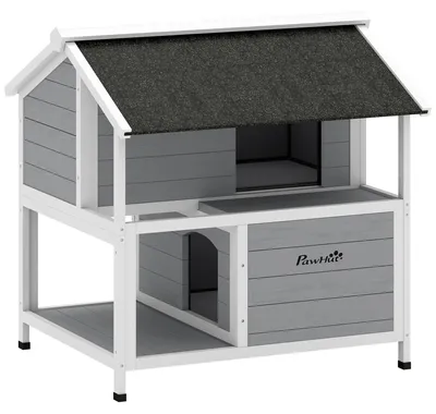 Produktbild von Outdoor-Katzenhaus, Katzenzuflucht für den Außenbereich, wasserfest, aufklappbares Dach, Fichtenholz, 80 x 93 x 95, Grau
