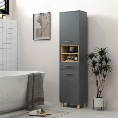 Image de Armoire de salle de bain - Armoire haute - 2 placards, un tiroir et 2 étagères ouvertes - Rangement - Bois - Vert armée
