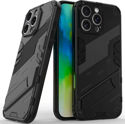 Produktbild von Armor Hülle für iPhone 16 Pro Max Hybrid PC TPU Bumper Stoßfestes Schutzhülle mit Standfunktion Schwarz