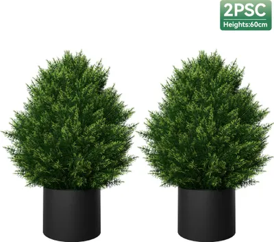 Image de XINZI - Lot de 2 petits cyprès artificiels de 60 cm - Résistants aux UV, aspect naturel, avec pot, pour l'intérieur, le balcon ou la terrasse, ne nécessitant aucun entretien