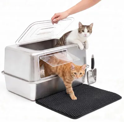 Produktbild von Katzenklo Edelstahl mit Deckel – Katzentoilette XXL – Transparenter Deckel & Frontklappe – Leicht zu Reinigen, Geruchsresistent  – Auslaufsicher und Antihaftbeschichtet – Schaufel & Matte 60x40x34cm